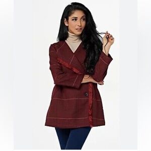 NWT LAURIE FELT Burgundy Plaid Zoe Wrap Coat Blazer Size Large